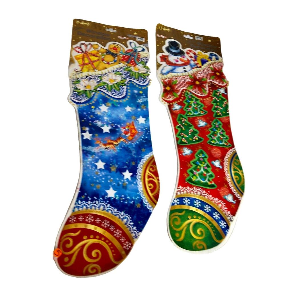 Vintage FLOMO Christmas Stocking Window Cling Set Snowman Gingerbread Man SET